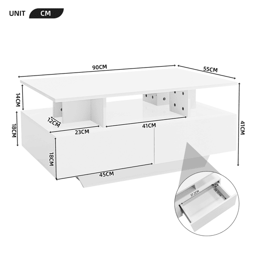Mesa de centro retangular de painel de partículas com 2 gavetas e luz led,branco Mesa de centro retangular de painel de partículas com 2 gavetas e luz led,branco