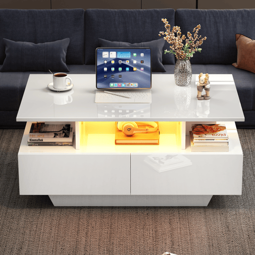 Mesa de centro retangular de painel de partículas com 2 gavetas e luz led,branco Mesa de centro retangular de painel de partículas com 2 gavetas e luz led,branco