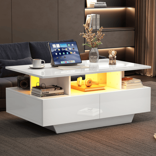 Mesa de centro retangular de painel de partículas com 2 gavetas e luz led,branco Mesa de centro retangular de painel de partículas com 2 gavetas e luz led,branco