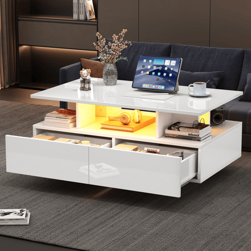 Mesa de centro retangular de painel de partículas com 2 gavetas e luz led,branco Mesa de centro retangular de painel de partículas com 2 gavetas e luz led,branco
