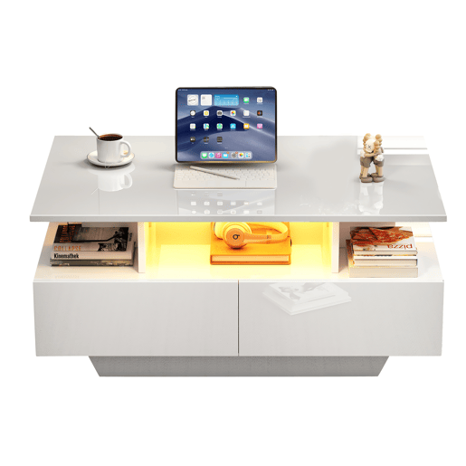 Mesa de centro retangular de painel de partículas com 2 gavetas e luz led,branco Mesa de centro retangular de painel de partículas com 2 gavetas e luz led,branco