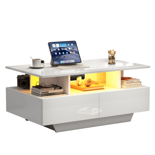 Mesa de centro retangular de painel de partículas com 2 gavetas e luz led,branco Mesa de centro retangular de painel de partículas com 2 gavetas e luz led,branco