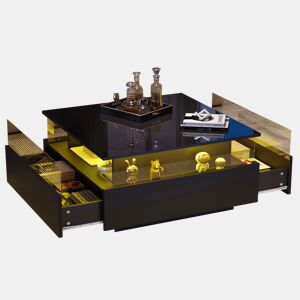 Mesa de centro quadrada de painel de partículas com 2 gavetas e luz led,preto