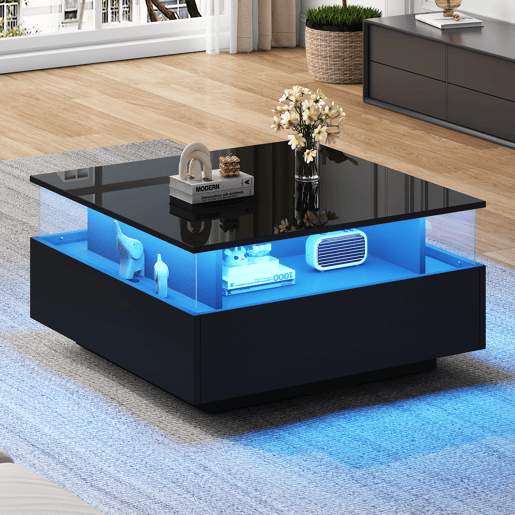 Mesa de centro quadrada de painel de partículas com 2 gavetas e luz led,preto