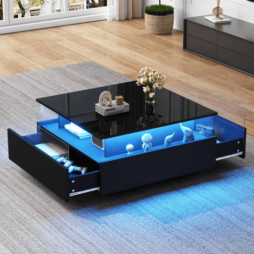 Mesa de centro quadrada de painel de partículas com 2 gavetas e luz led,preto