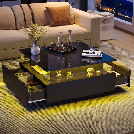Mesa de centro quadrada de painel de partículas com 2 gavetas e luz led,preto