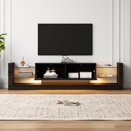 Móvel de TV 181cm de painel de partículas com 2 gavetas e luz led,preto