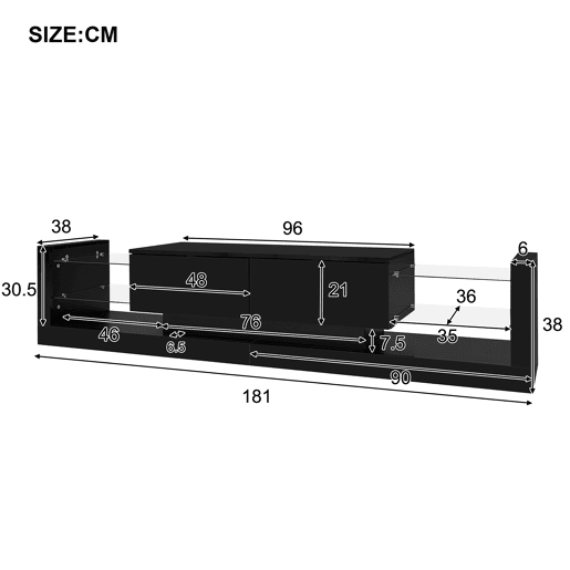 Móvel de TV 181cm de painel de partículas com 2 gavetas e luz led,preto