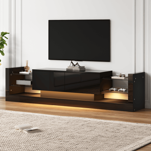 Móvel de TV 181cm de painel de partículas com 2 gavetas e luz led,preto