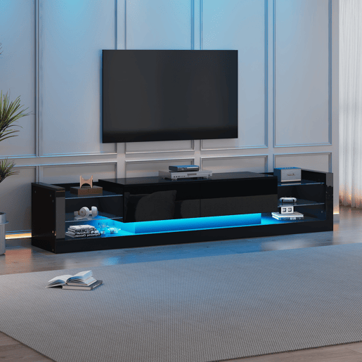 Móvel de TV 181cm de painel de partículas com 2 gavetas e luz led,preto