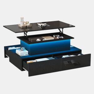 Mesa de centro elevável retangular de painel de partículas com 4 gavetas e luz led,preto