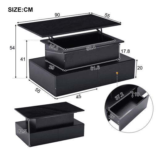 Mesa de centro elevável retangular de painel de partículas com 4 gavetas e luz led,preto