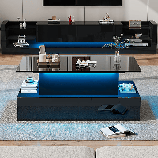Mesa de centro elevável retangular de painel de partículas com 4 gavetas e luz led,preto