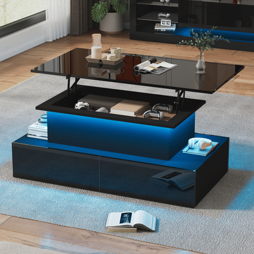 Mesa de centro elevável retangular de painel de partículas com 4 gavetas e luz led,preto