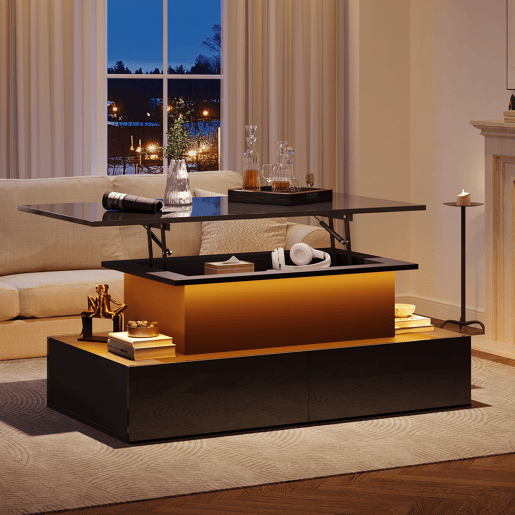 Mesa de centro elevável retangular de painel de partículas com 4 gavetas e luz led,preto