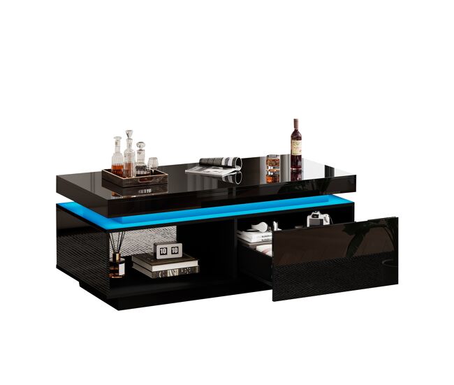 Mesa de centro de alto brillo rectangular de panel de partículas con 1 cajón y luz led,negro