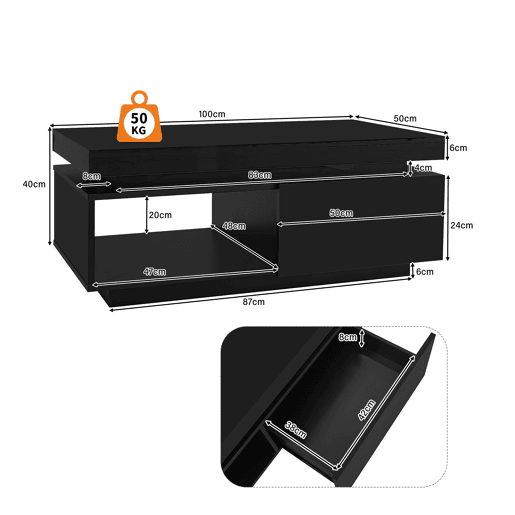 Mesa de centro retangular de painel de partículas com 1 gaveta e luz led,preto