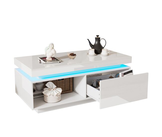 Mesa de centro de alto brillo rectangular de panel de partículas con 1 cajón y luz led,blanco