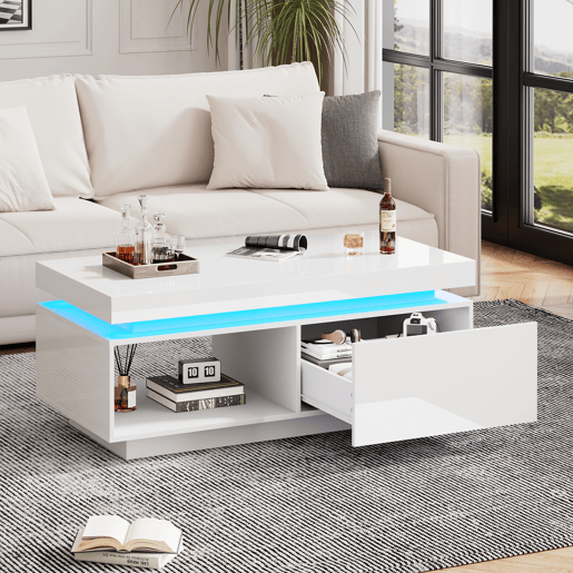 Mesa de centro retangular de painel de partículas com 1 gaveta e luz led,branco Mesa de centro retangular de painel de partículas com 1 gaveta e luz led,branco