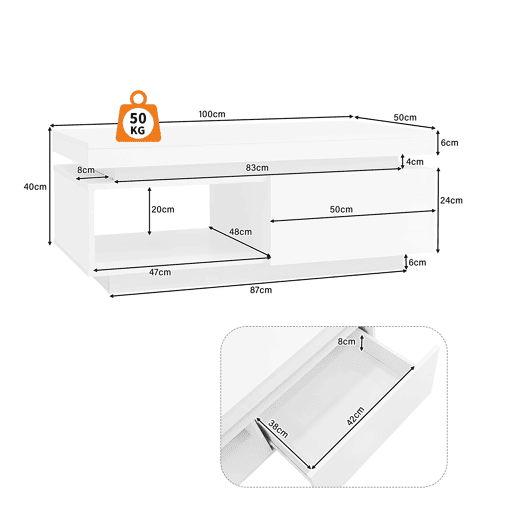Mesa de centro retangular de painel de partículas com 1 gaveta e luz led,branco Mesa de centro retangular de painel de partículas com 1 gaveta e luz led,branco