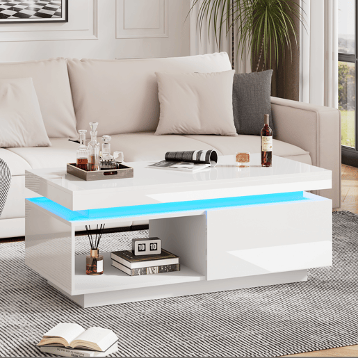 Mesa de centro retangular de painel de partículas com 1 gaveta e luz led,branco Mesa de centro retangular de painel de partículas com 1 gaveta e luz led,branco