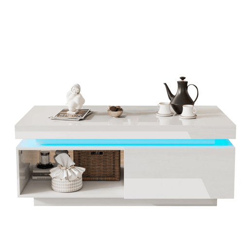 Mesa de centro retangular de painel de partículas com 1 gaveta e luz led,branco Mesa de centro retangular de painel de partículas com 1 gaveta e luz led,branco