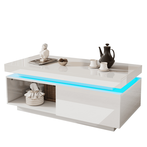 Mesa de centro retangular de painel de partículas com 1 gaveta e luz led,branco Mesa de centro retangular de painel de partículas com 1 gaveta e luz led,branco