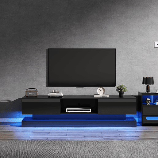 Móvel de TV 160cm de painel de partículas com 2 gavetas e luz led,preto