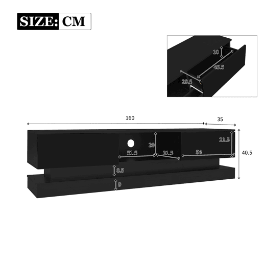 Móvel de TV 160cm de painel de partículas com 2 gavetas e luz led,preto