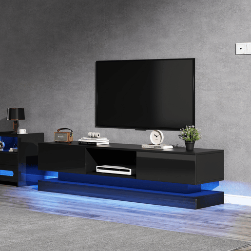 Móvel de TV 160cm de painel de partículas com 2 gavetas e luz led,preto
