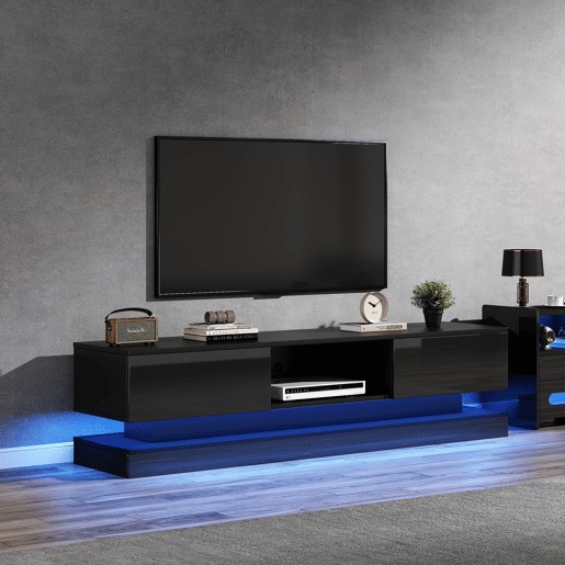 Móvel de TV 160cm de painel de partículas com 2 gavetas e luz led,preto
