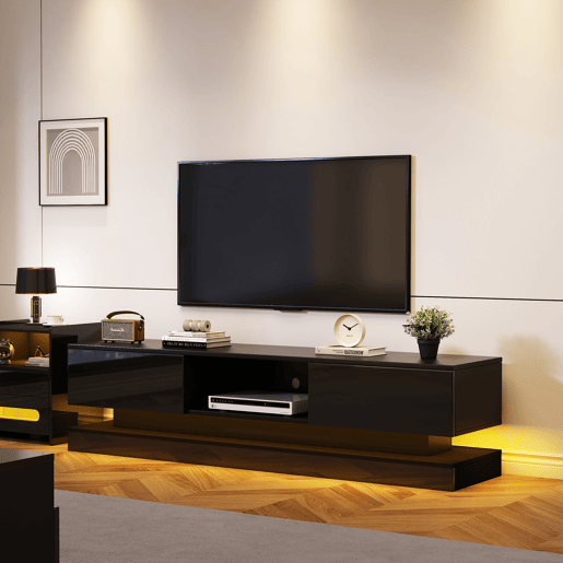 Móvel de TV 160cm de painel de partículas com 2 gavetas e luz led,preto