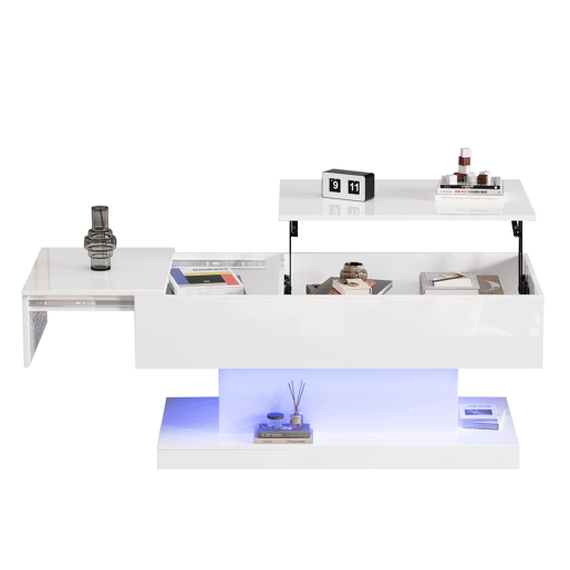 Mesa de centro elevável retangular de painel de partículas com luz led,branco Mesa de centro elevável retangular de painel de partículas com luz led,branco