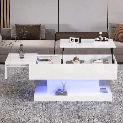 Mesa de centro elevável retangular de painel de partículas com luz led,branco Mesa de centro elevável retangular de painel de partículas com luz led,branco
