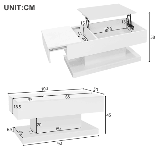 Mesa de centro elevável retangular de painel de partículas com luz led,branco Mesa de centro elevável retangular de painel de partículas com luz led,branco