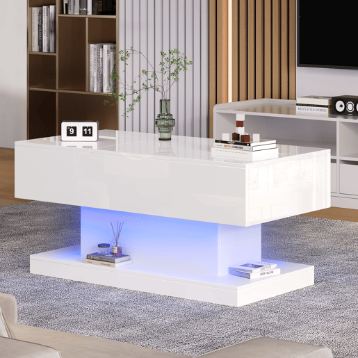 Mesa de centro elevável retangular de painel de partículas com luz led,branco Mesa de centro elevável retangular de painel de partículas com luz led,branco