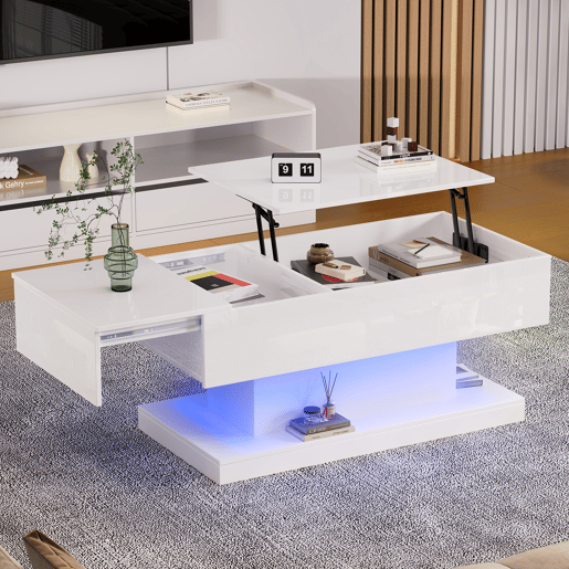 Mesa de centro elevável retangular de painel de partículas com luz led,branco Mesa de centro elevável retangular de painel de partículas com luz led,branco