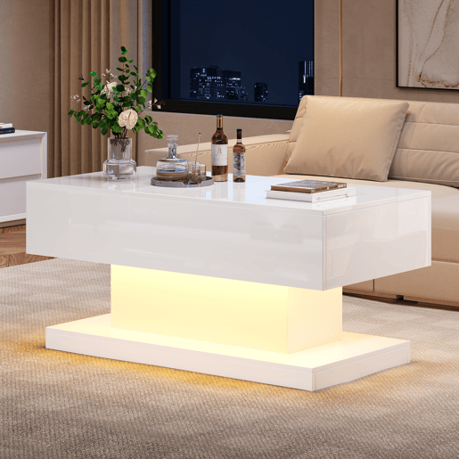 Mesa de centro elevável retangular de painel de partículas com luz led,branco Mesa de centro elevável retangular de painel de partículas com luz led,branco