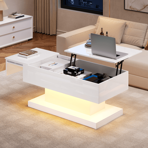 Mesa de centro elevável retangular de painel de partículas com luz led,branco Mesa de centro elevável retangular de painel de partículas com luz led,branco