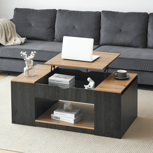 Mesa de centro elevável retangular de mdf,preto+madeira Mesa de centro elevável retangular de mdf,preto+madeira