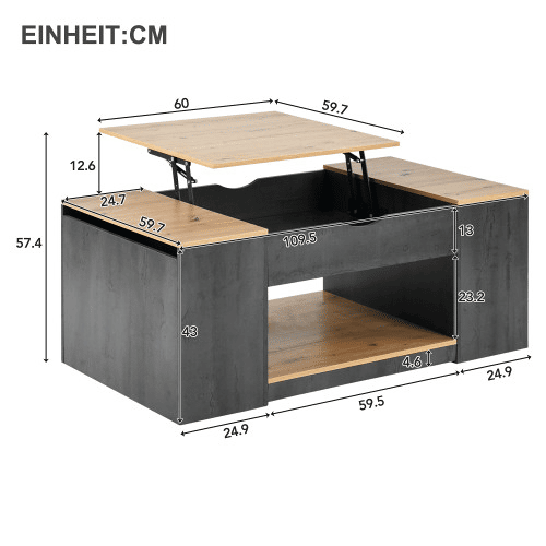 Mesa de centro elevável retangular de mdf,preto+madeira Mesa de centro elevável retangular de mdf,preto+madeira