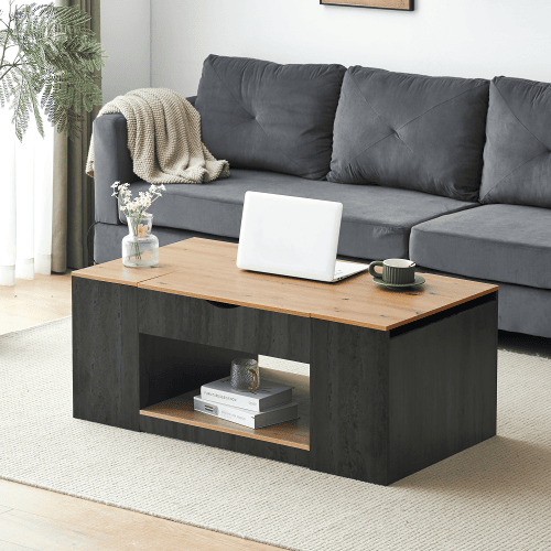 Mesa de centro elevável retangular de mdf,preto+madeira Mesa de centro elevável retangular de mdf,preto+madeira