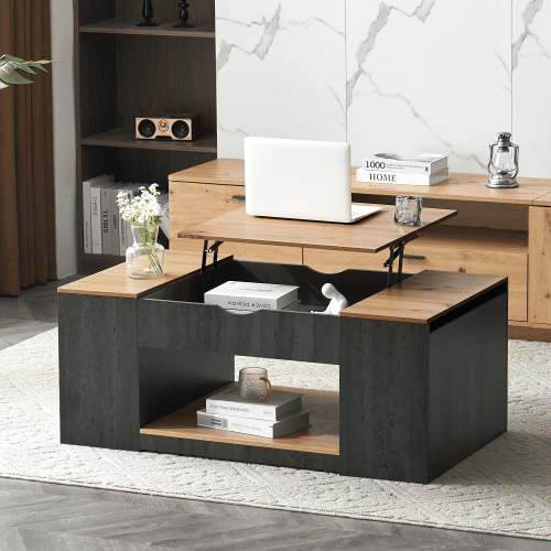 Mesa de centro elevável retangular de mdf,preto+madeira Mesa de centro elevável retangular de mdf,preto+madeira