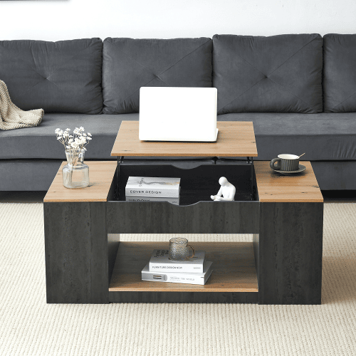 Mesa de centro elevável retangular de mdf,preto+madeira Mesa de centro elevável retangular de mdf,preto+madeira
