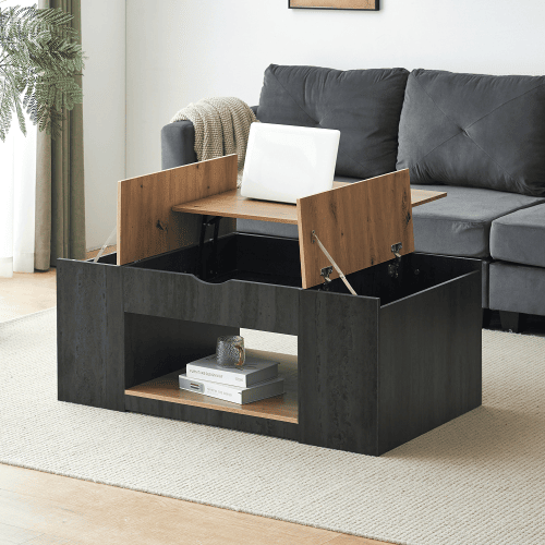 Mesa de centro elevável retangular de mdf,preto+madeira Mesa de centro elevável retangular de mdf,preto+madeira