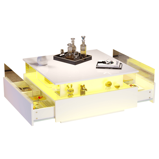 Mesa de centro quadrada de painel de partículas com 2 gavetas e luz led,branco
