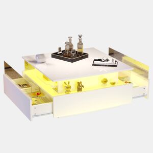 Mesa de centro quadrada de painel de partículas com 2 gavetas e luz led,branco