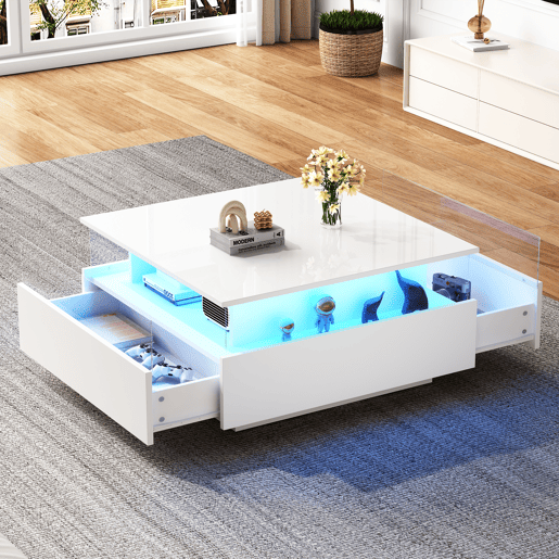 Mesa de centro quadrada de painel de partículas com 2 gavetas e luz led,branco