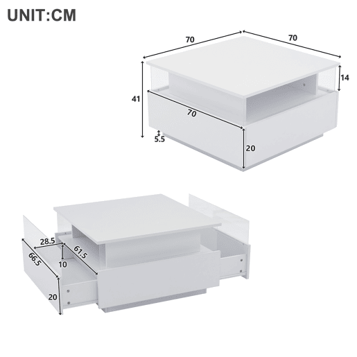 Mesa de centro quadrada de painel de partículas com 2 gavetas e luz led,branco
