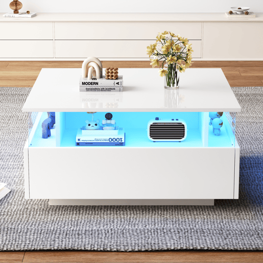 Mesa de centro quadrada de painel de partículas com 2 gavetas e luz led,branco